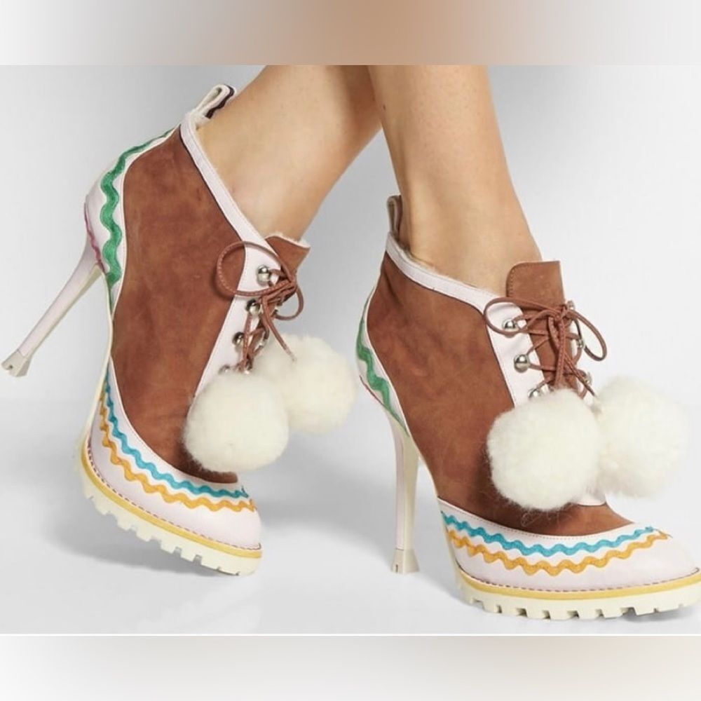 NEW Sophia Webster Katy shearling lined suede leather Pom Pom heel ankle boots 7